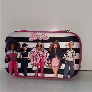 Barbie Girls Pencil Box Striped Pink & Black Durable Cosmetic Bag/Case w/ Pens